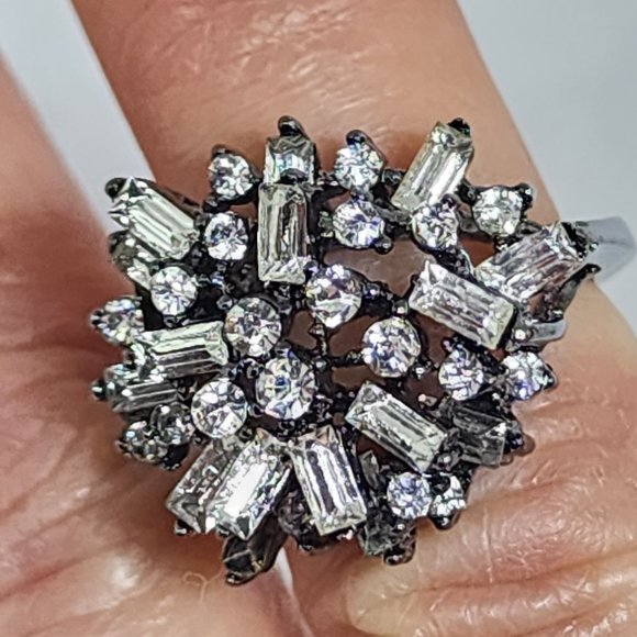 Baguette and Round White Rhinestone Dome Dressy Gunmetal Gray Cocktail Ring SZ 5 - Picture 9 of 13